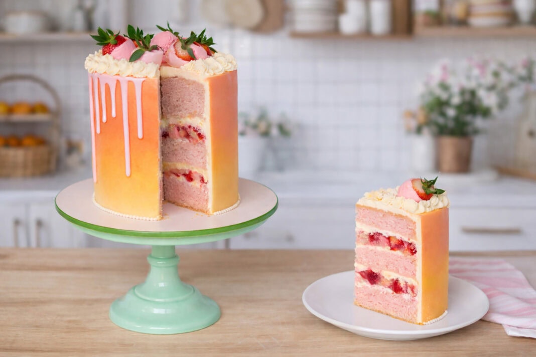 strawberry fizz cocktail cake pink frosting strawberries
