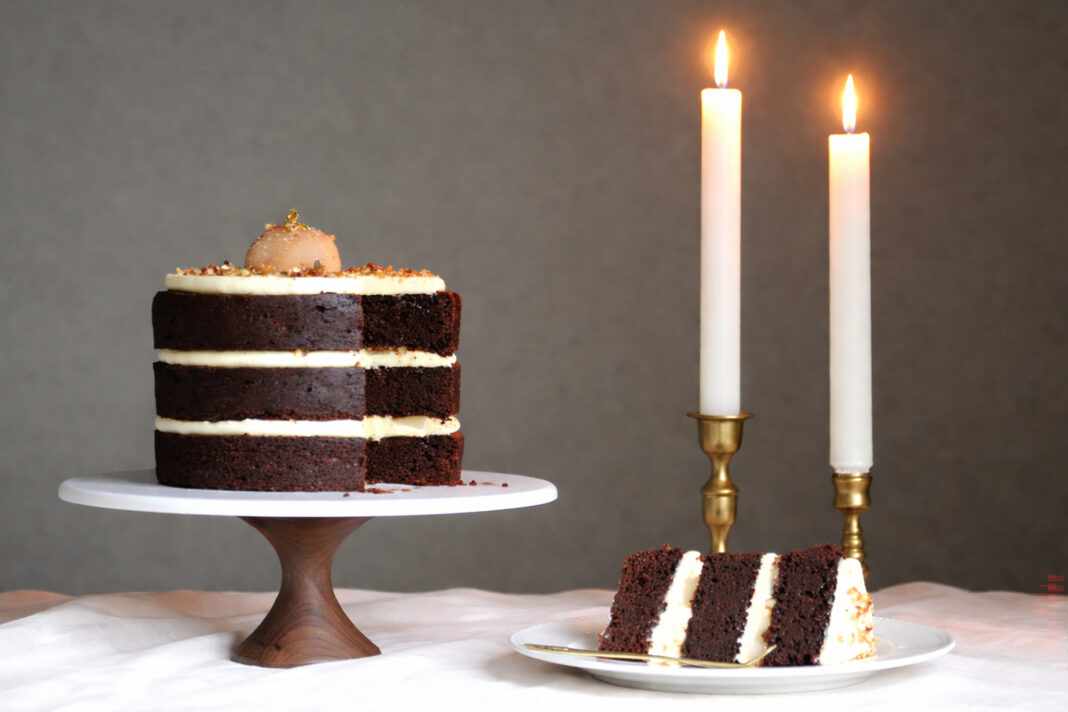 chocolate ginger cake with chai poached pear