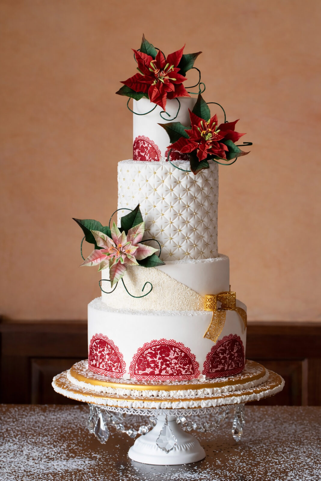poinsettia tiered wedding cake
