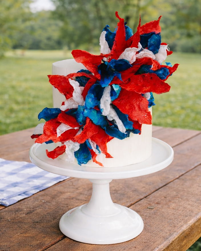 White cake decorated with a bold red, white, and blue wafer paper garland cascading down one side.