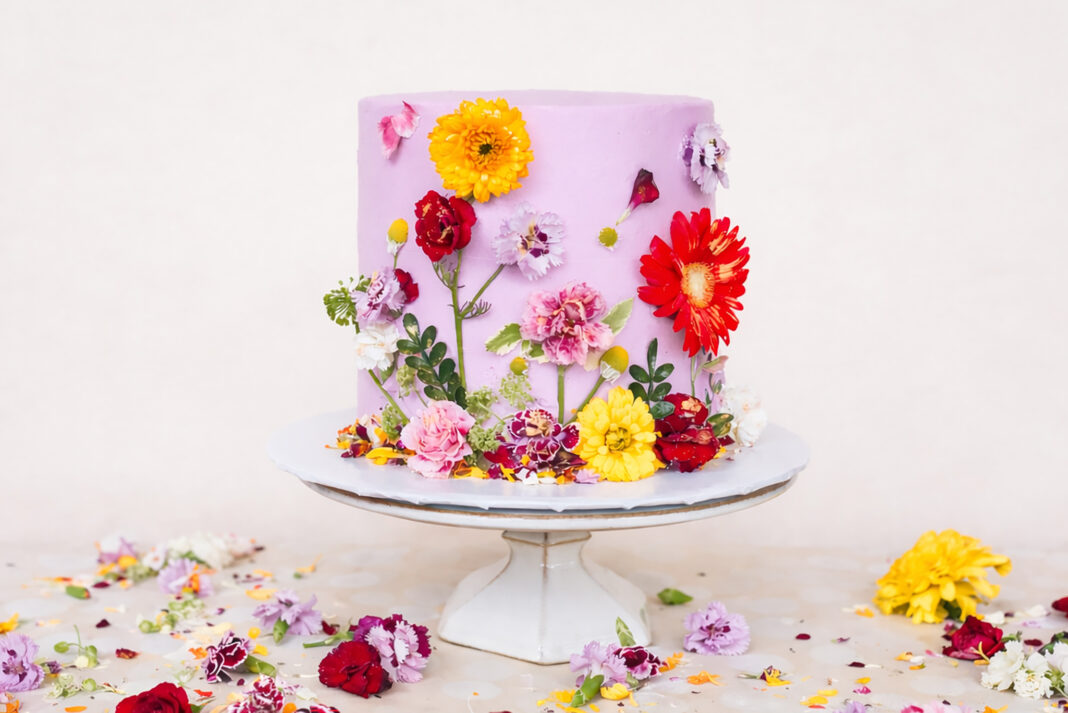 Lavender cake decorated with colorful pressed flowers and scattered flower petals around the base.