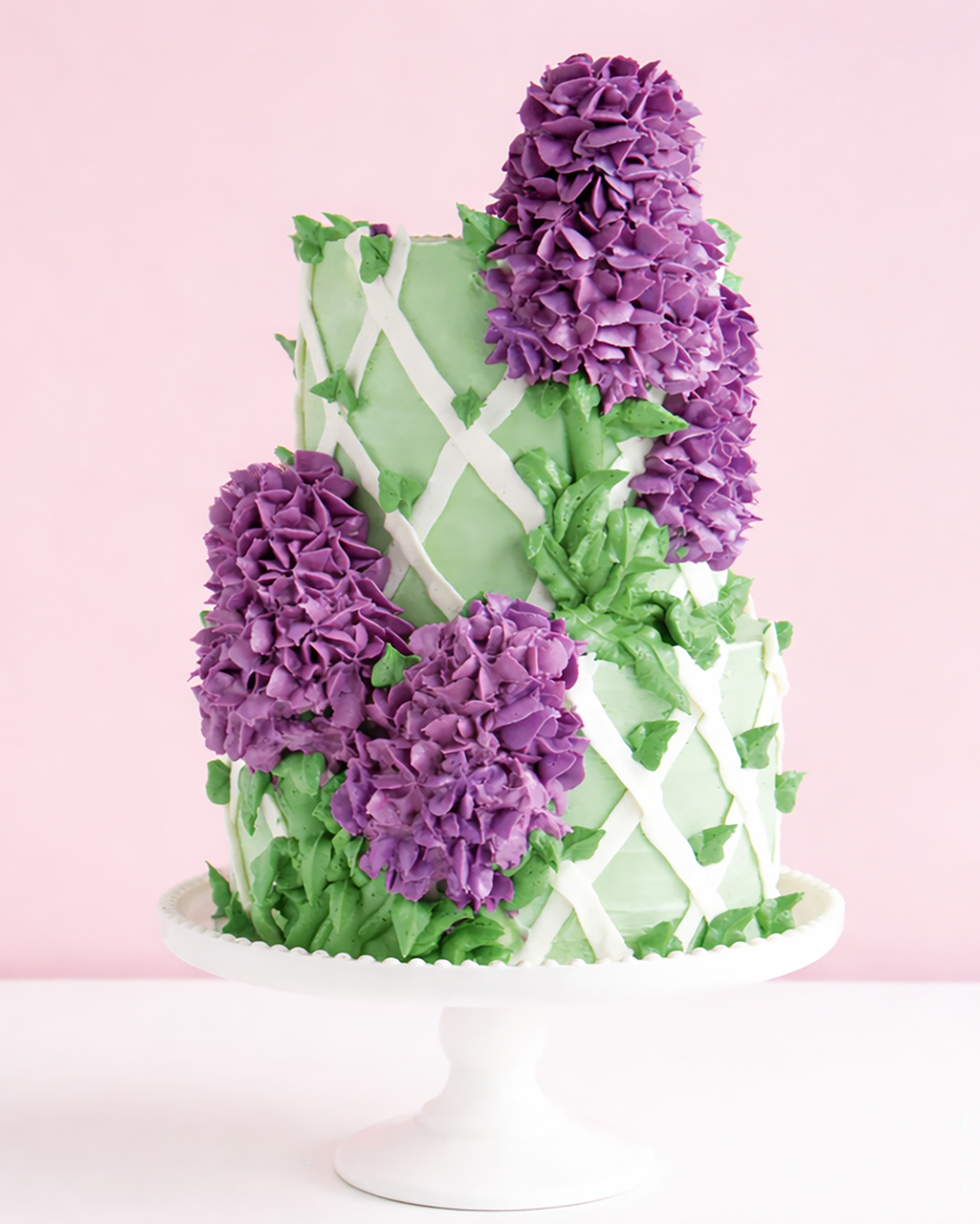 buttercream cake with piped lilac flowers