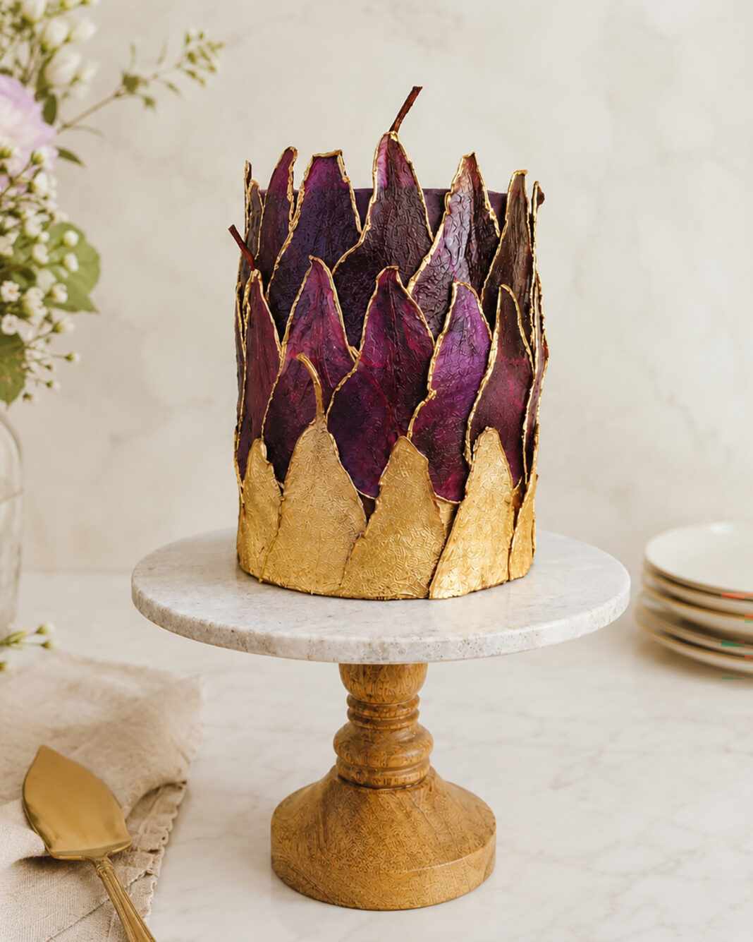 Tall cylindrical cake wrapped in textured, translucent purple pear slices with hand-painted gold edges, arranged in overlapping layers around the cake and displayed on a gold pedestal cake stand against a soft neutral background.