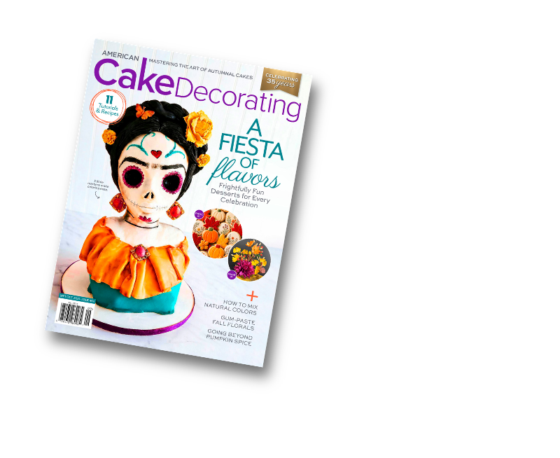 American Cake Decorating September/October 2026 Issue Mockup Angled mockup of the American Cake Decorating September/October 2026 magazine featuring the “A Fiesta of Flavors” fall issue cover.