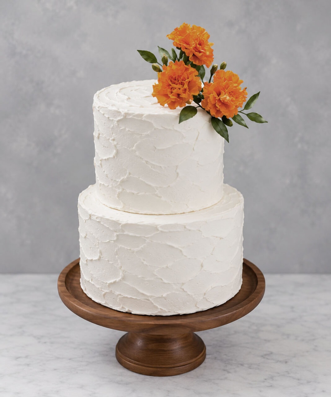 orange gum paste marigold flower on top of a buttercream cake